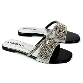 Kingsley Embellished Diamante Flat Sandal Slides Summer Square Toe Shoes in Black