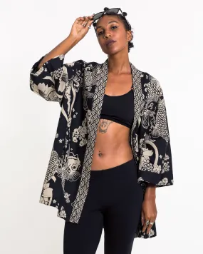 Koi Fish Print Cotton Kimono Cardigan in Black