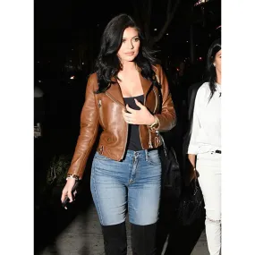 Kylie Jenner Biker Leather Jacket Brown