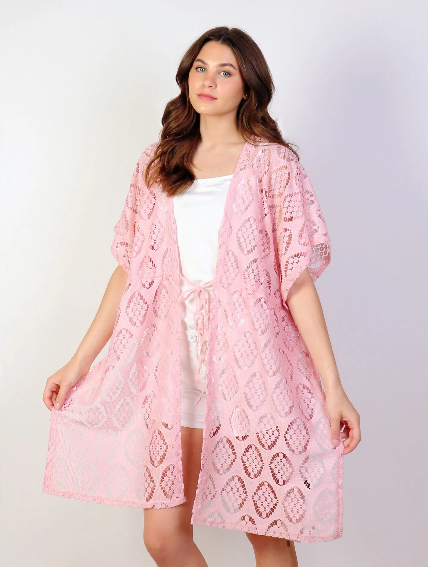 Lace Kimono with Embroidered Pattern and Tie