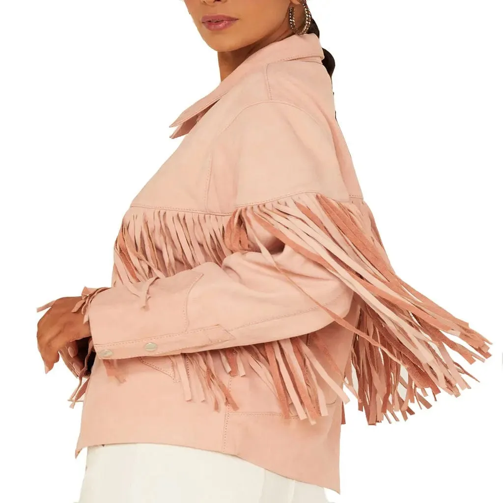 Ladies Fringed Pink Suede Leather Motorcycle Jacket