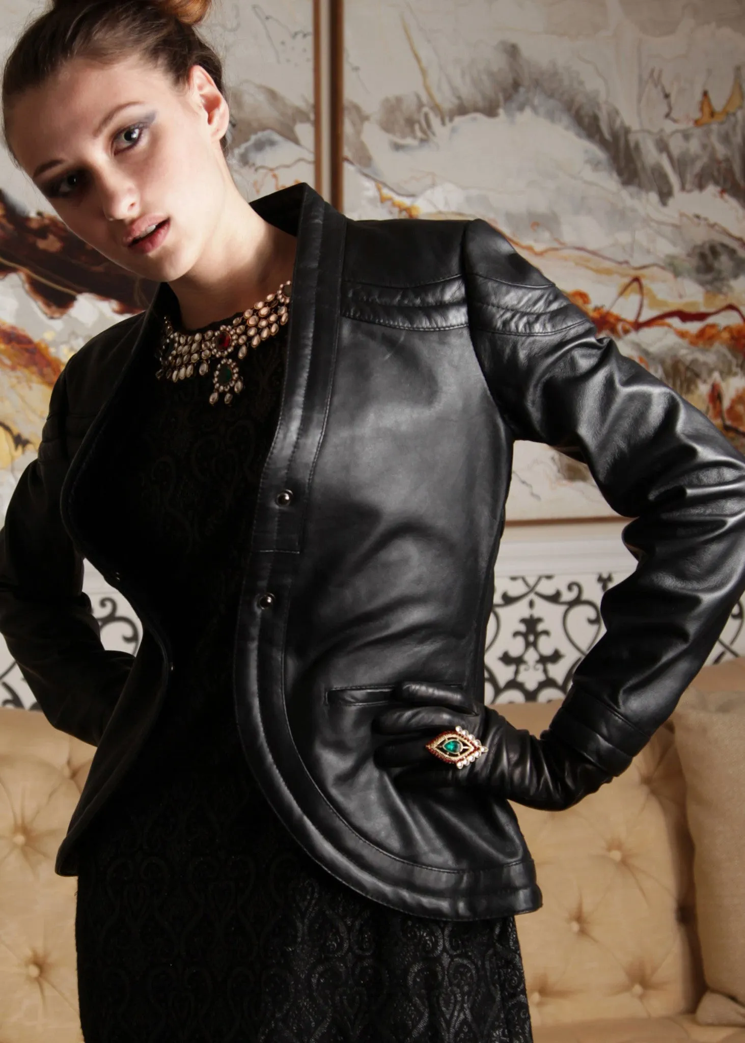 Leather rounded front suit jacket