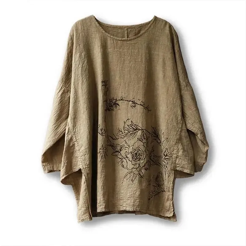 Long Sleeves Tee Khaki Print Linen Cotton Loose Fit Tee