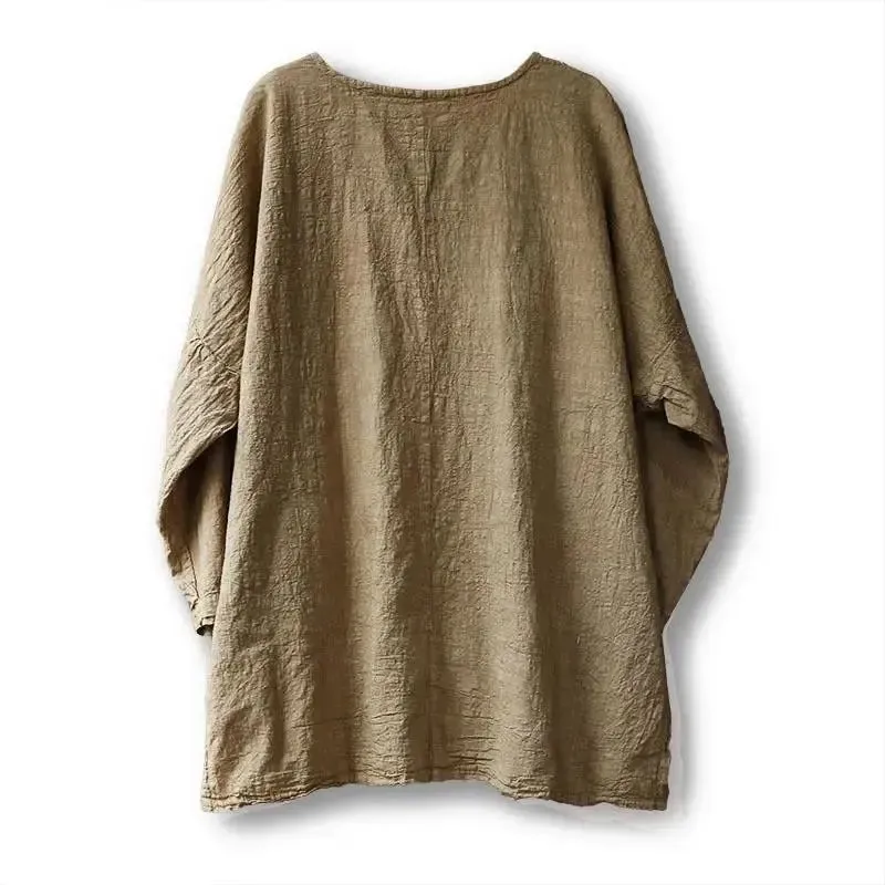 Long Sleeves Tee Khaki Print Linen Cotton Loose Fit Tee