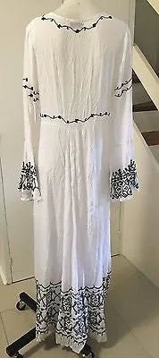 Maxi Length Boho Kimono "Honey Wrap" Bell Sleeved Long White With Black Embroidery Festival Cover Up Small Medium Or Large