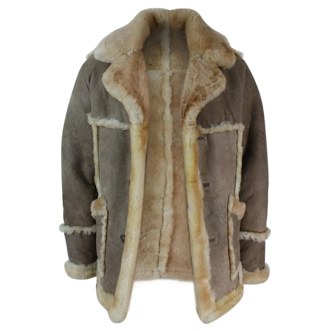 Mens Beige Cream Brown Original Boy 3/4 Real Sheepskin Jacket Vintage Retro