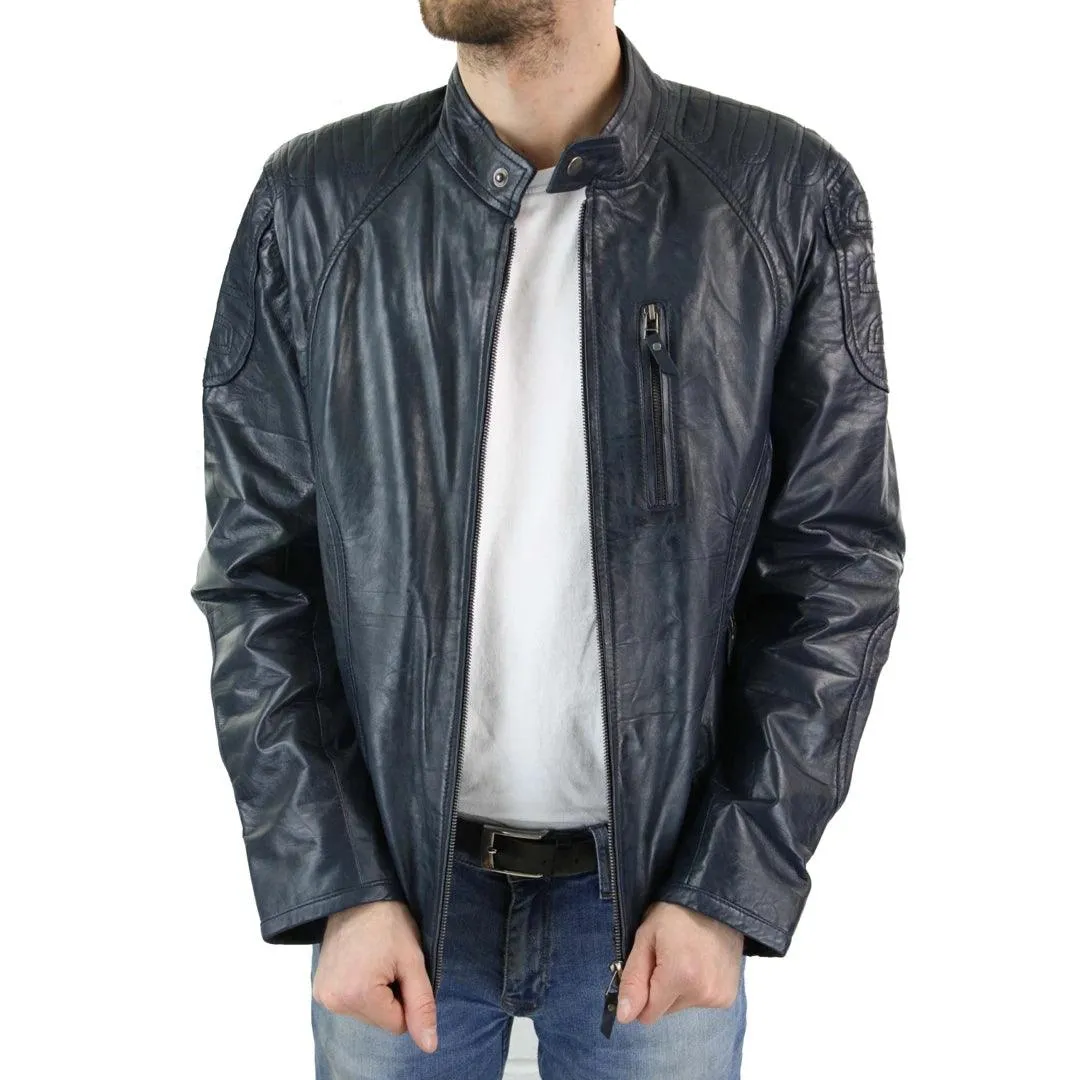 Mens Biker Style Real Leather Blue Black Zipped Jacket Smart Casual Retro Vintage