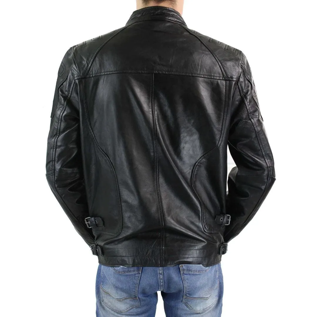 Mens Biker Style Real Leather Blue Black Zipped Jacket Smart Casual Retro Vintage