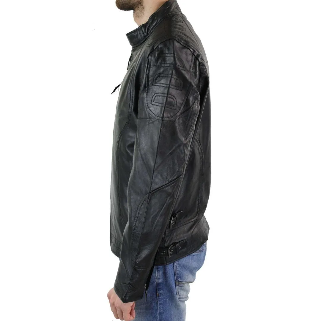 Mens Biker Style Real Leather Blue Black Zipped Jacket Smart Casual Retro Vintage