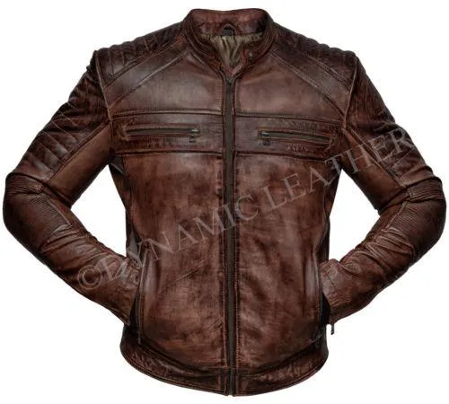 Mens Biker Vintage Motorcycle Distressed Brown Cafe Racer Leather Jacket