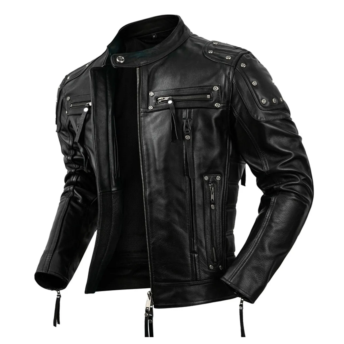 Men’s Black Biker Genuine Cowhide Stand Collar Motorcycle Rider Casual Classic Fashionable Slim Fit Zip-Up Leather Jacket