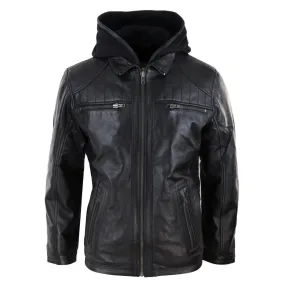 Mens Black Hoodie Real Leather Jacket Casual Removable Hood Zip Napa