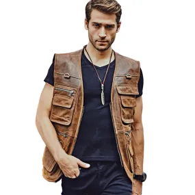 Mens Brown Leather Multi Pockets Retro Vest