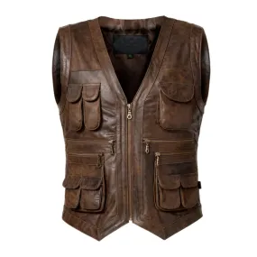 Mens Brown Vintage Leather Hunting Vest