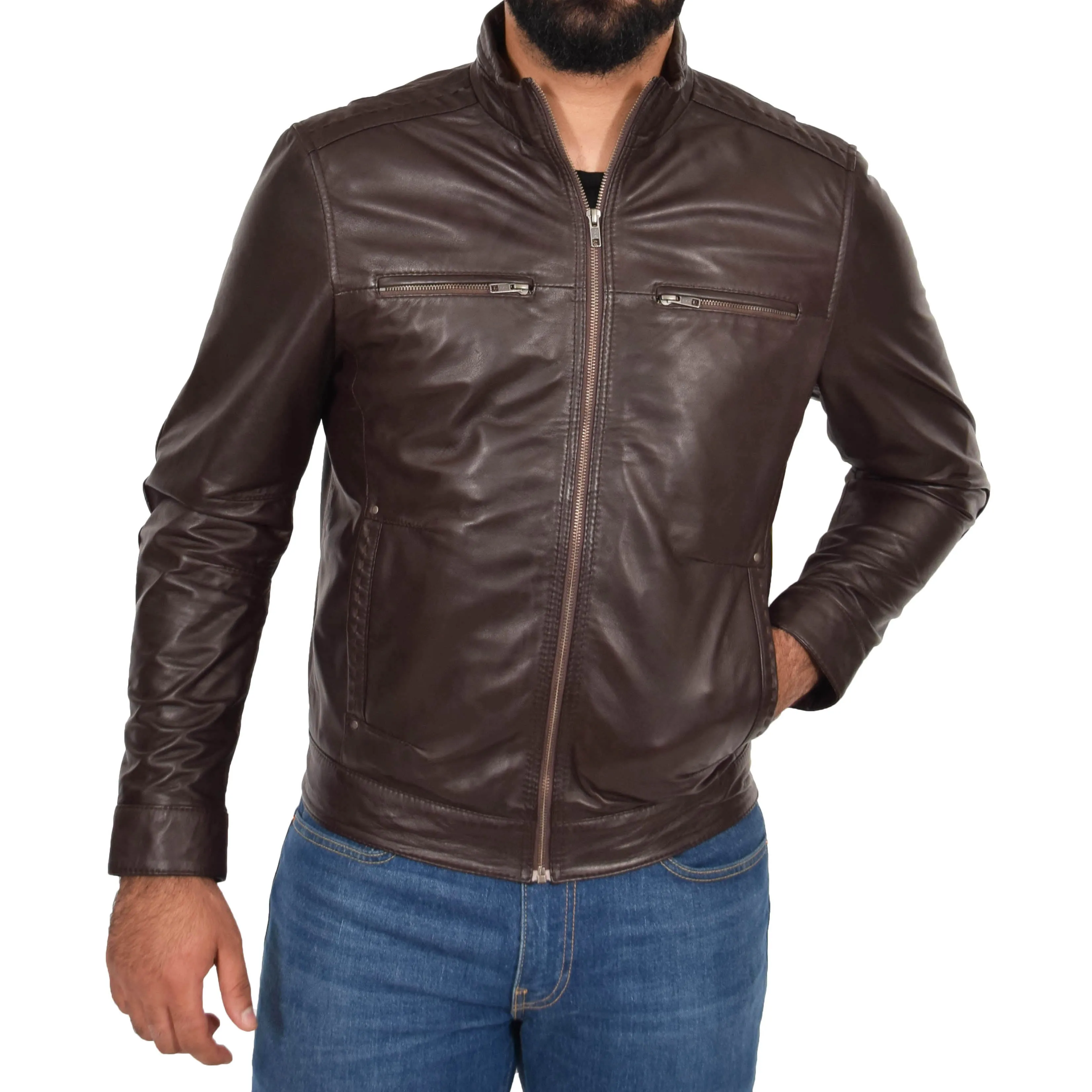 Mens Genuine Leather Biker Jacket Fitted Felix Brown