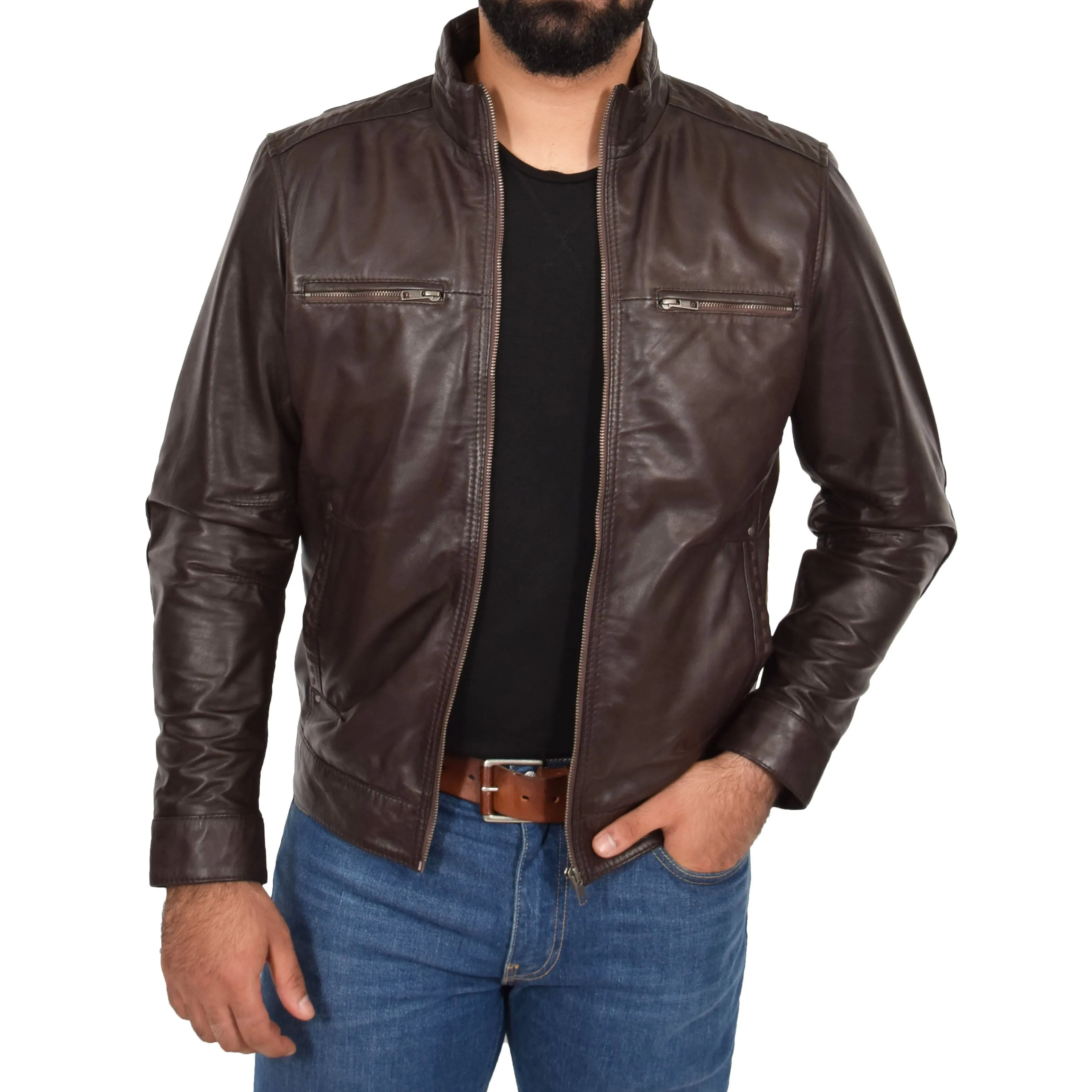 Mens Genuine Leather Biker Jacket Fitted Felix Brown