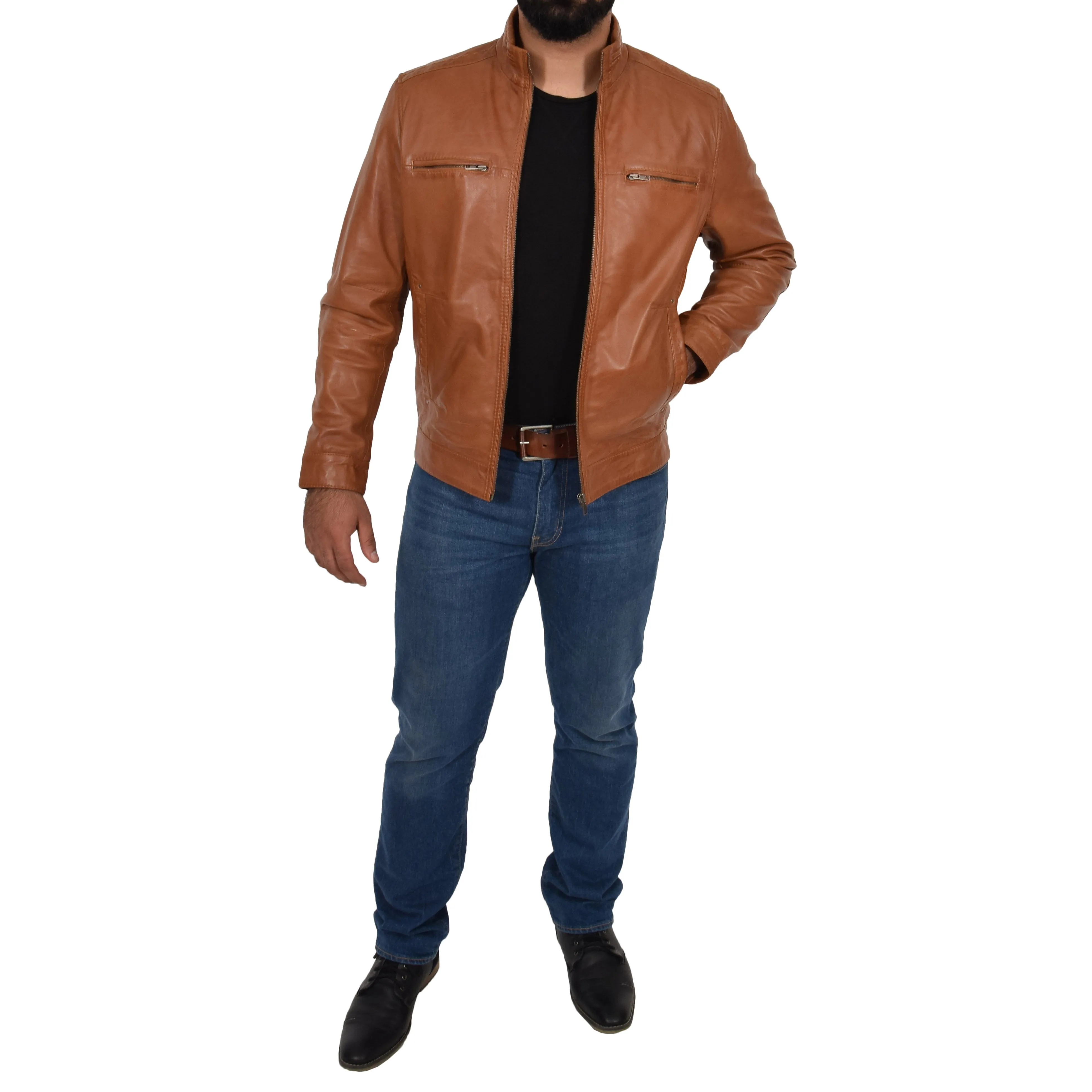 Mens Genuine Leather Biker Jacket Fitted Felix Tan