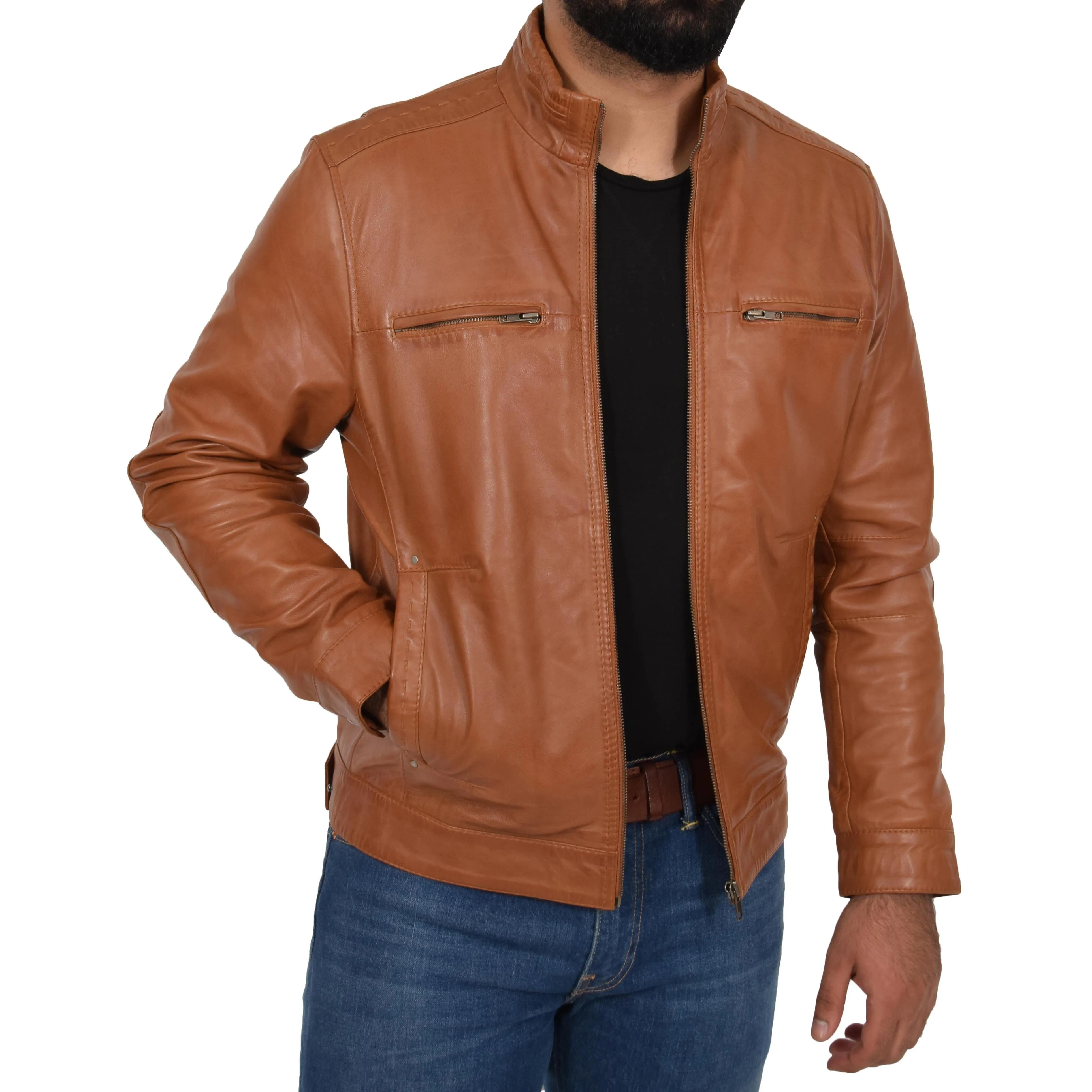 Mens Genuine Leather Biker Jacket Fitted Felix Tan