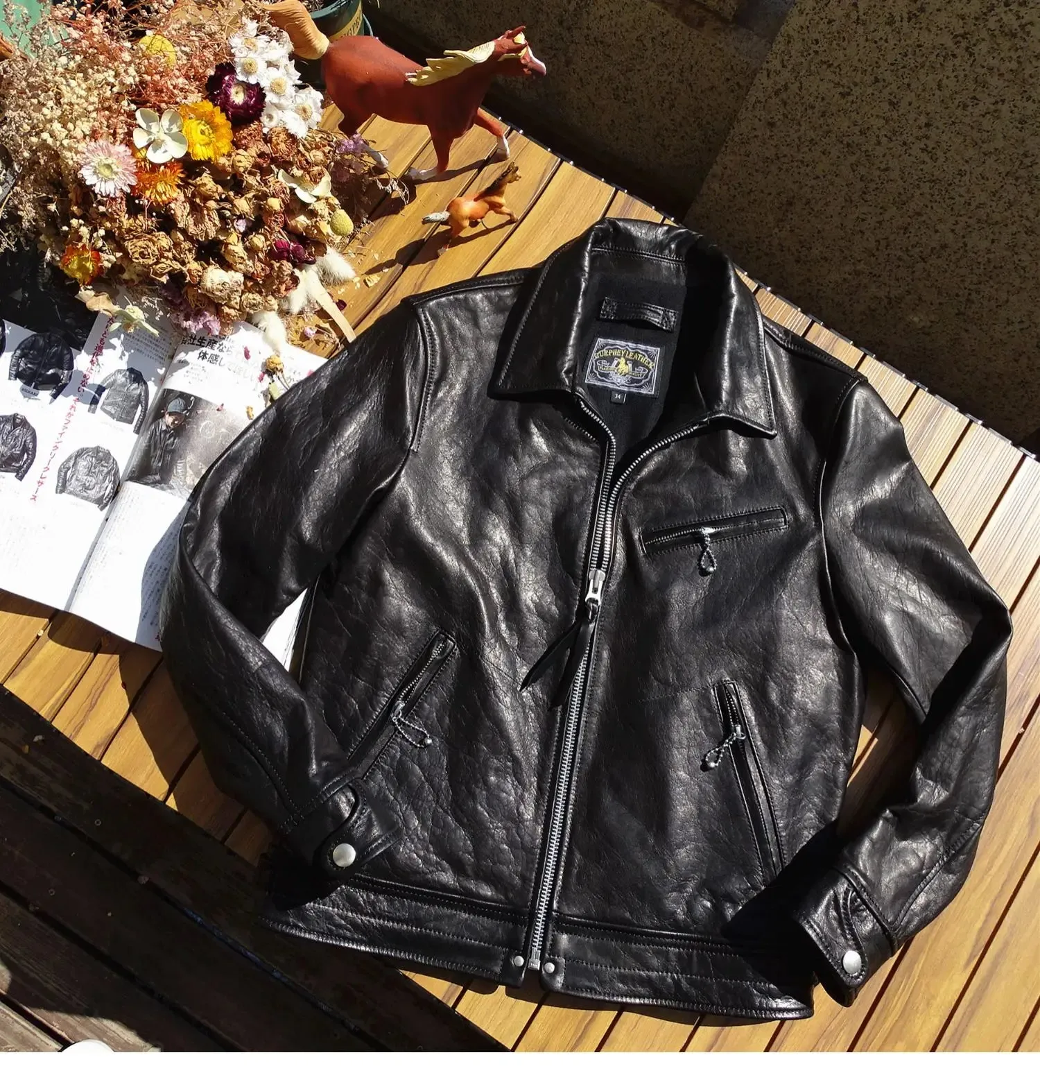 Men's Genuine Leather Jacket - Short Slim Fit Black Motorcycle Japan Style