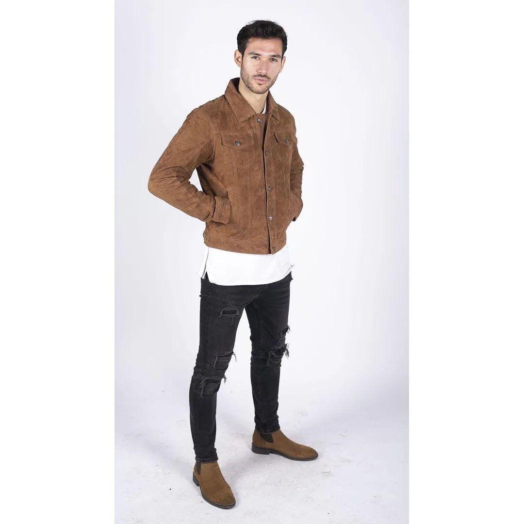 Mens Genuine Suede Jacket Leather Jeans Denim Short Mens Biker Classic VIntage