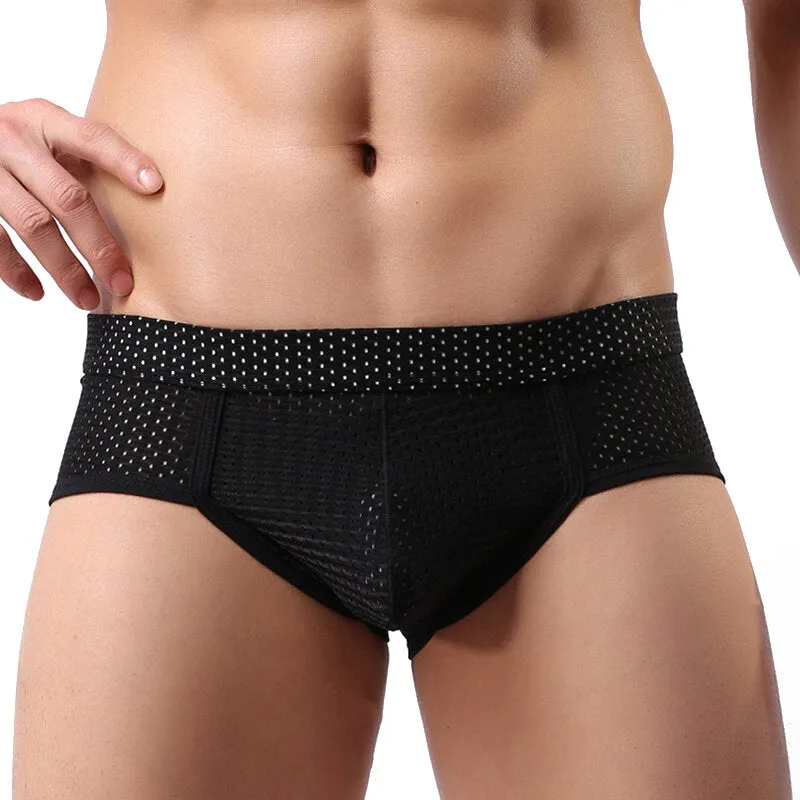 Mens Nylon Mesh Breathable Solid Color Sexy Low Rise Underwear Briefs