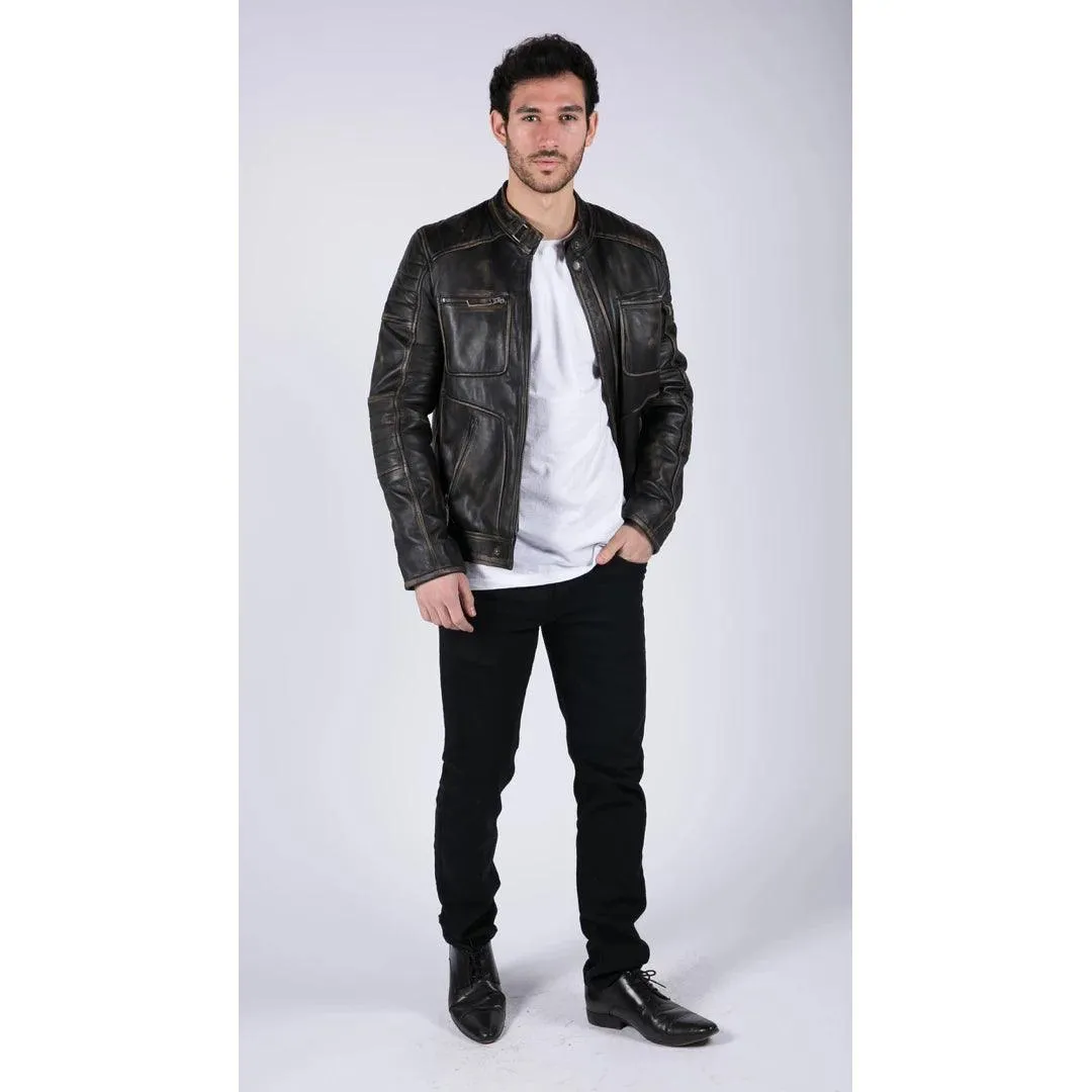 Mens Retro Real Leather Black Brown Washed Jacket Biker Style Zipped