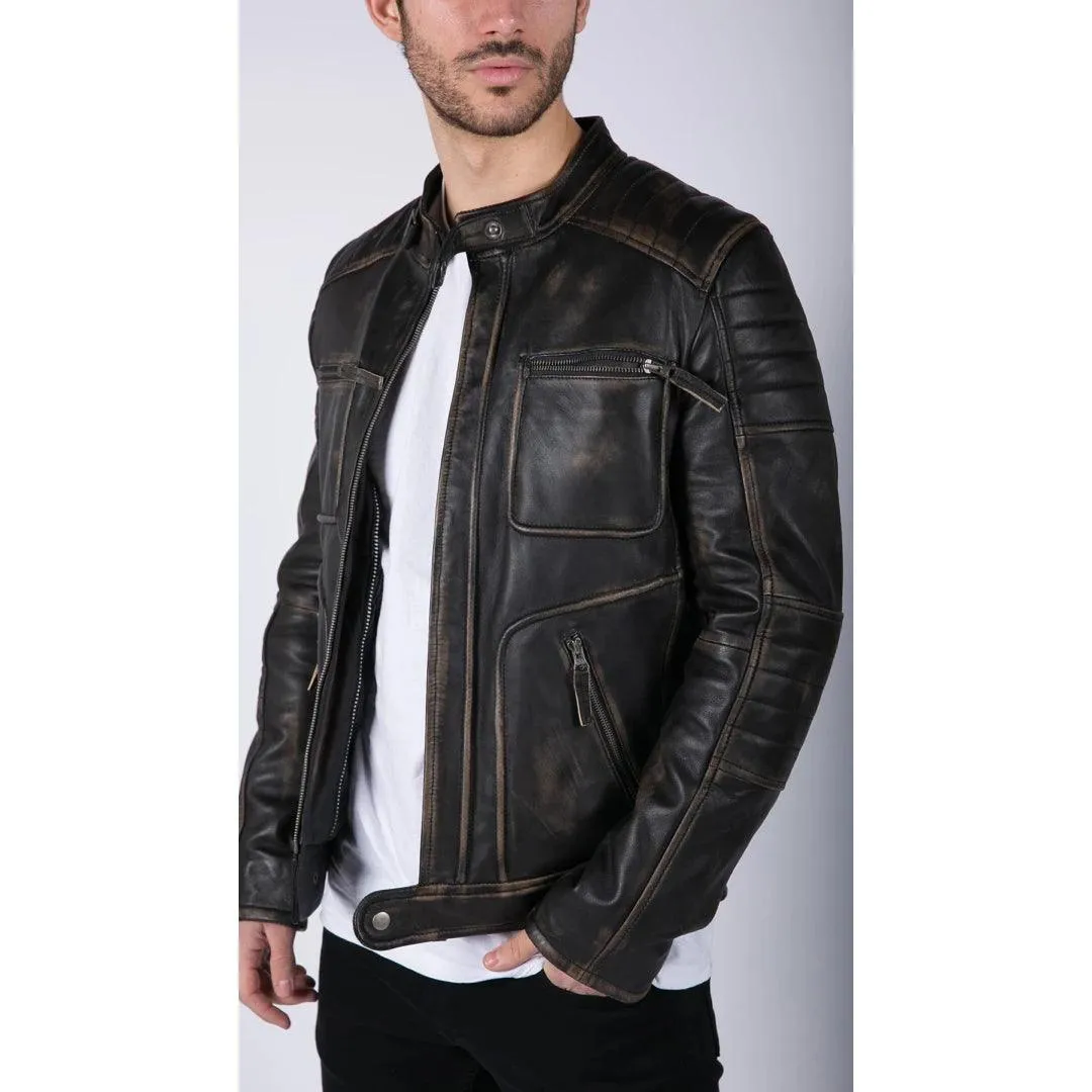 Mens Retro Real Leather Black Brown Washed Jacket Biker Style Zipped