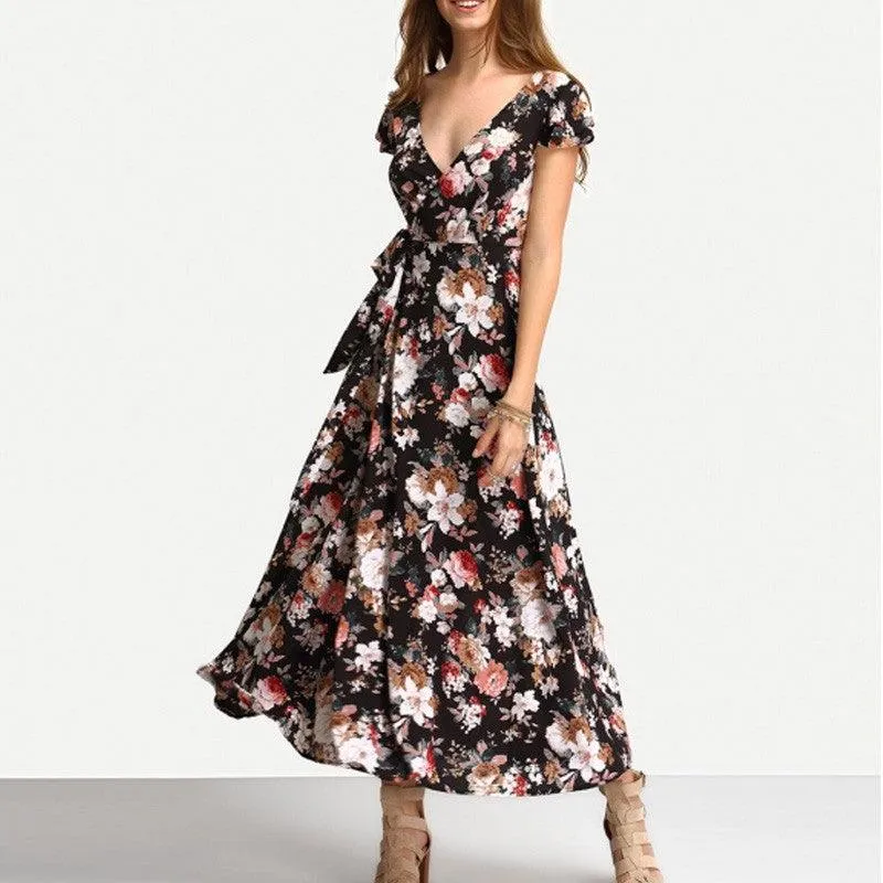 MIDNIGHT FLOWERS WRAP MAXI DRESS