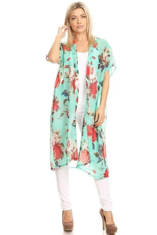 Mint Floral Chiffon Kimono-One Size