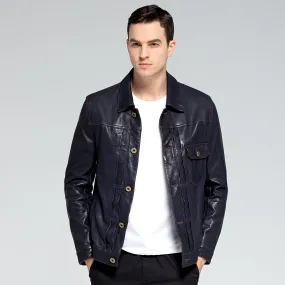 Motorcycle Jacket – Blue Men's Leather Jacket Slim Lapel Jacket