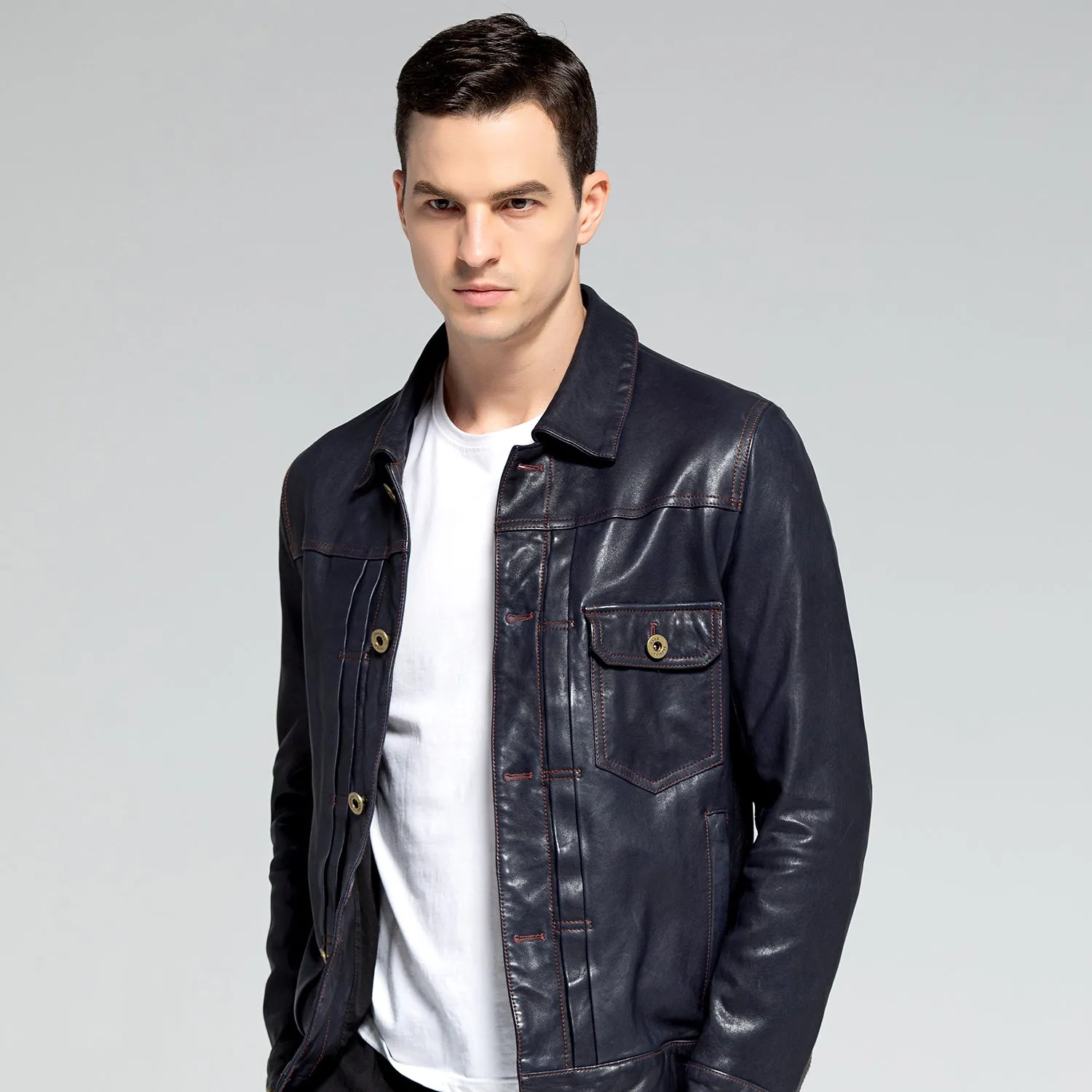 Motorcycle Jacket – Blue Men's Leather Jacket Slim Lapel Jacket