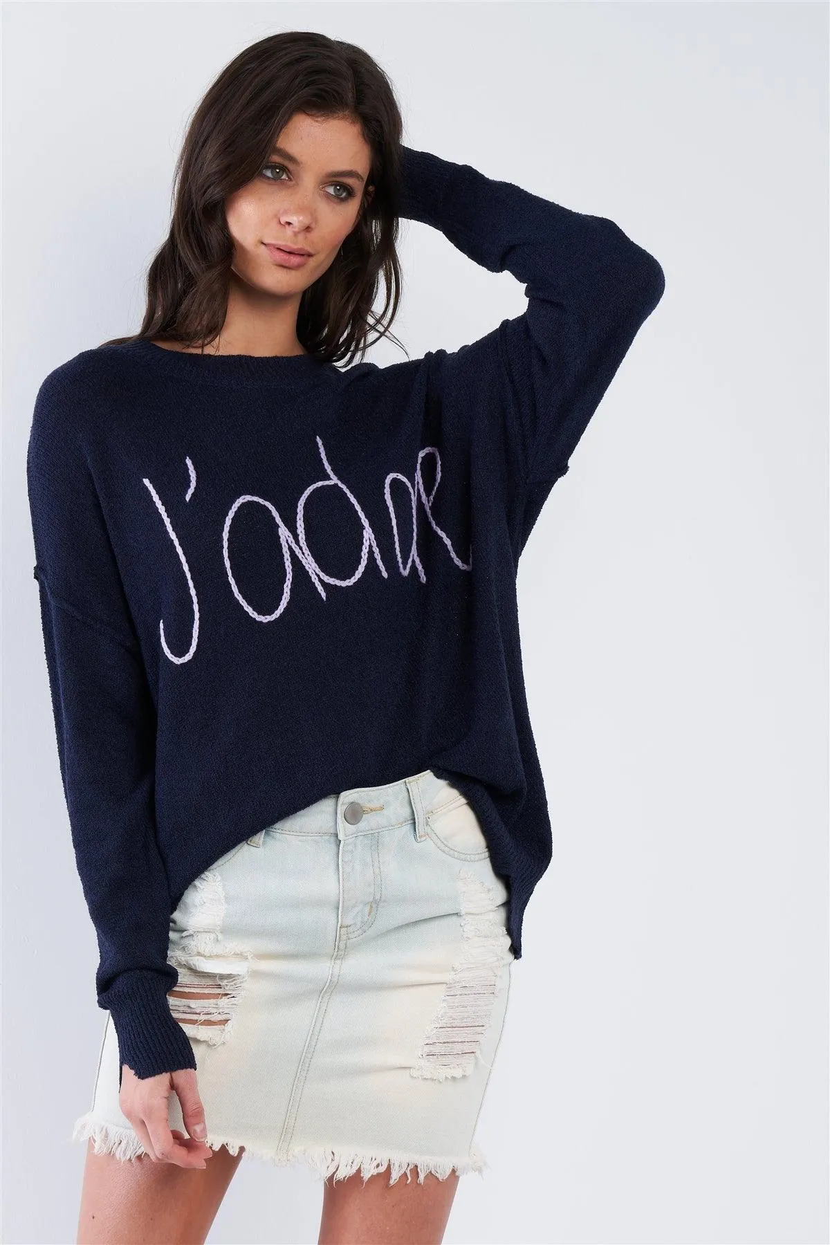 Navy Blue Purple "J'adore" Script Knit Relaxed Fit Sweater