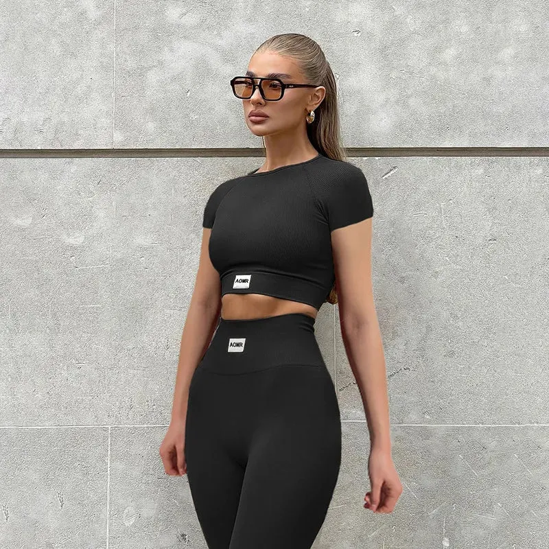 New Women's Crop Top Set - 2 Piece Fitness Tracksuit with Short Sleeve and Stylish Design