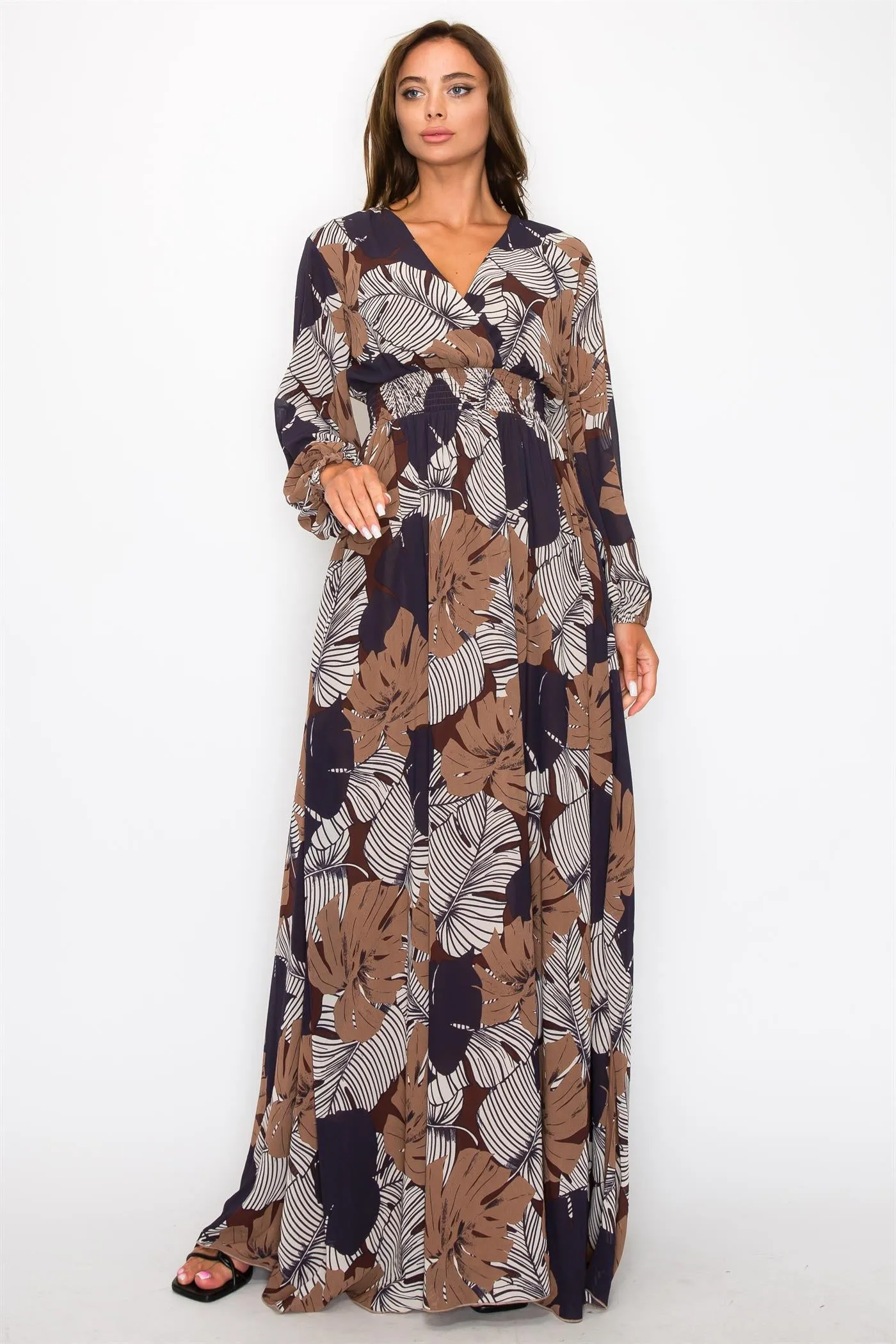 OL24A099_1-CHIFFON LEAF PRINT WRAP MAXI DRESS