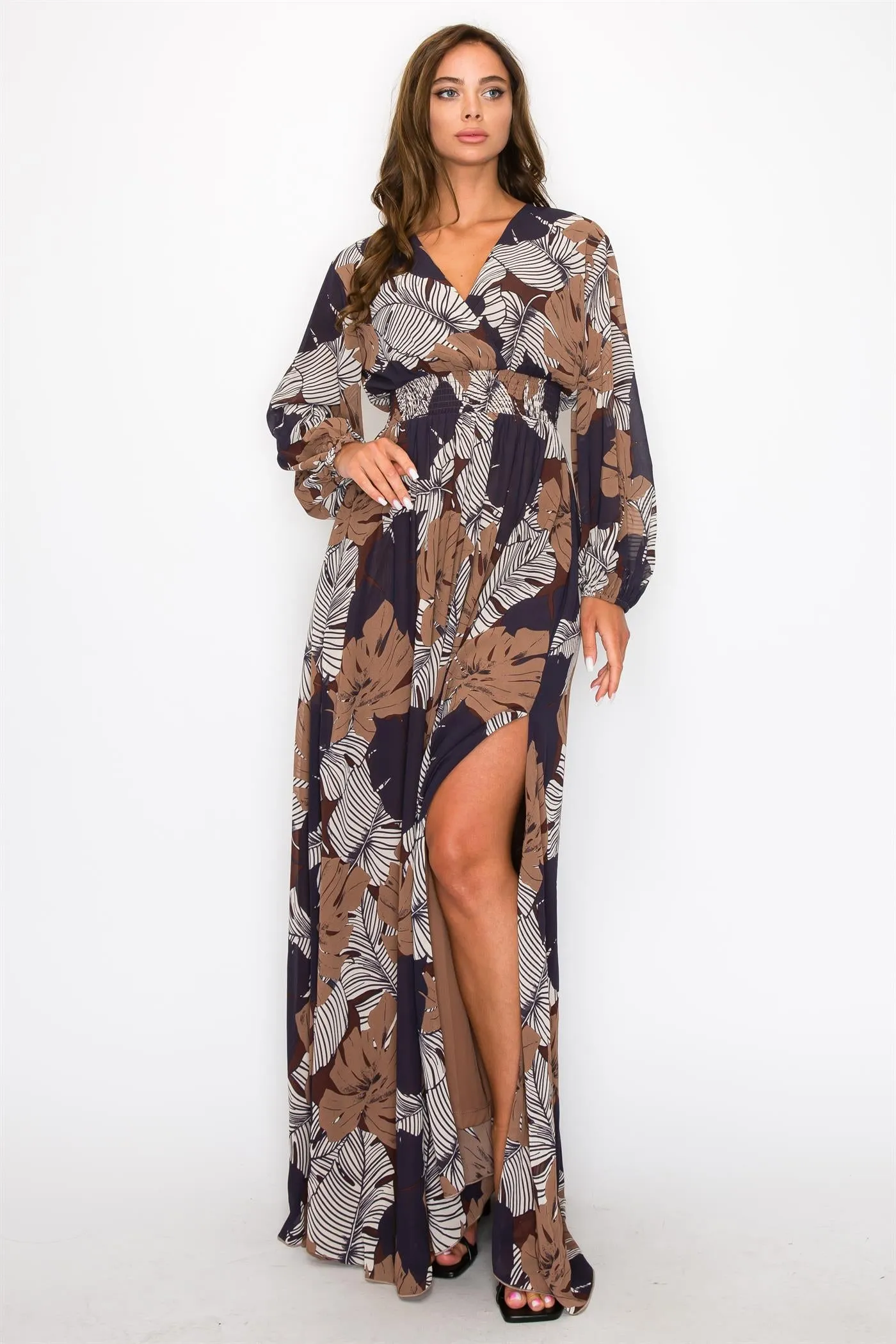 OL24A099_1-CHIFFON LEAF PRINT WRAP MAXI DRESS