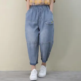 Organic denim blue vintage elastic waist patchwork pants