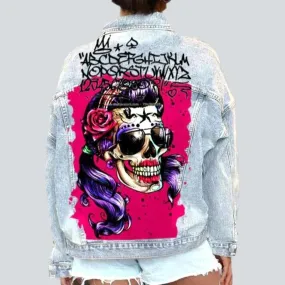 Painted skull print jeans jacket
 for women