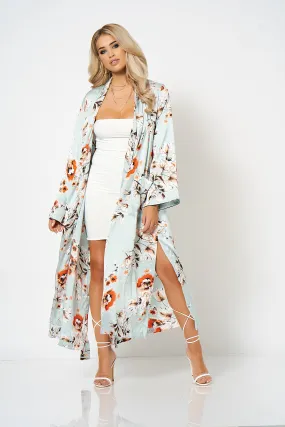 Pastel Blue Satin Floral Duster Coat