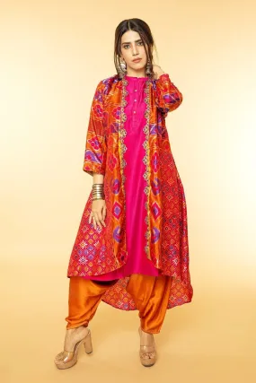 Pinkish Orange Patola Jacket Set with Harem Pants