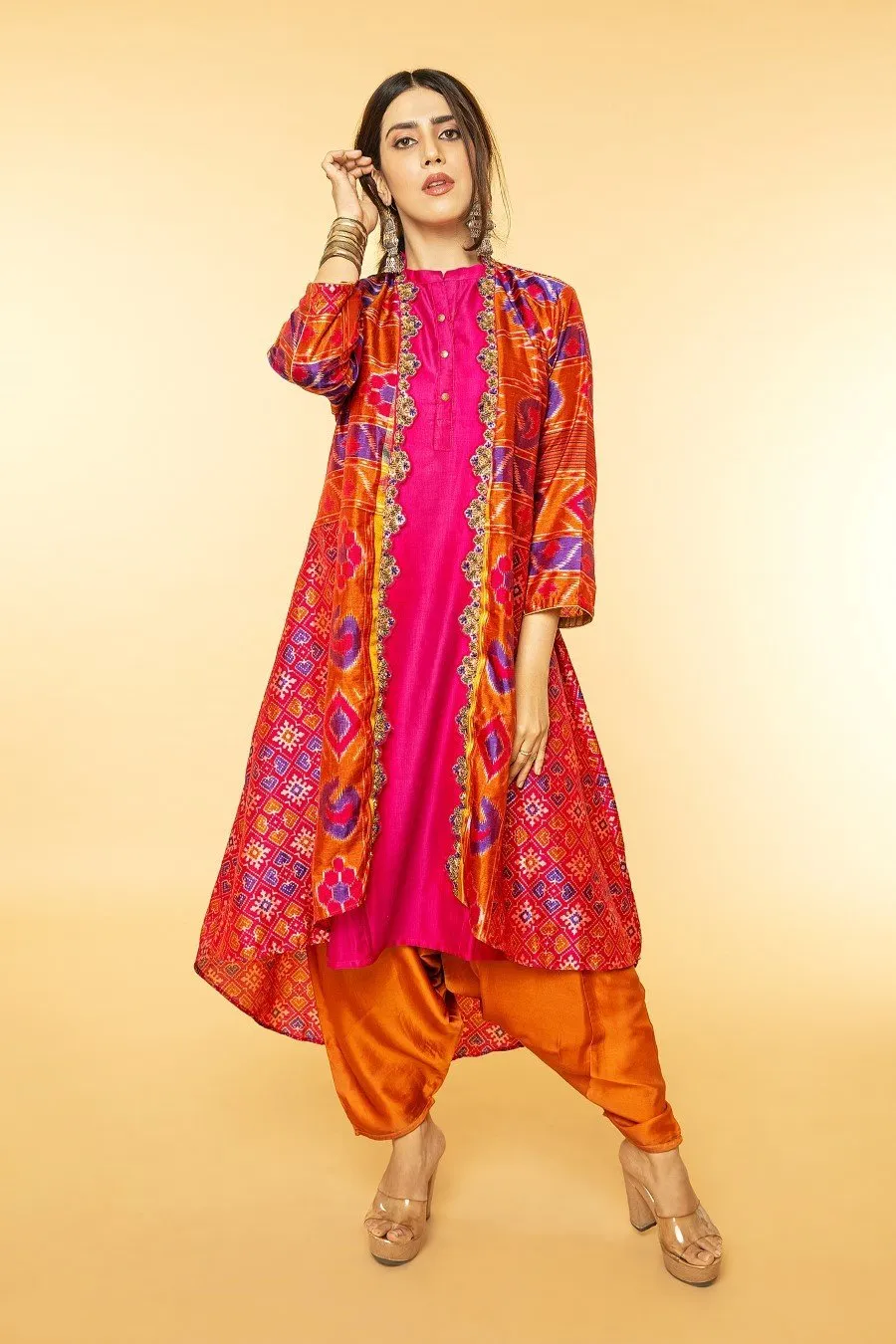 Pinkish Orange Patola Jacket Set with Harem Pants