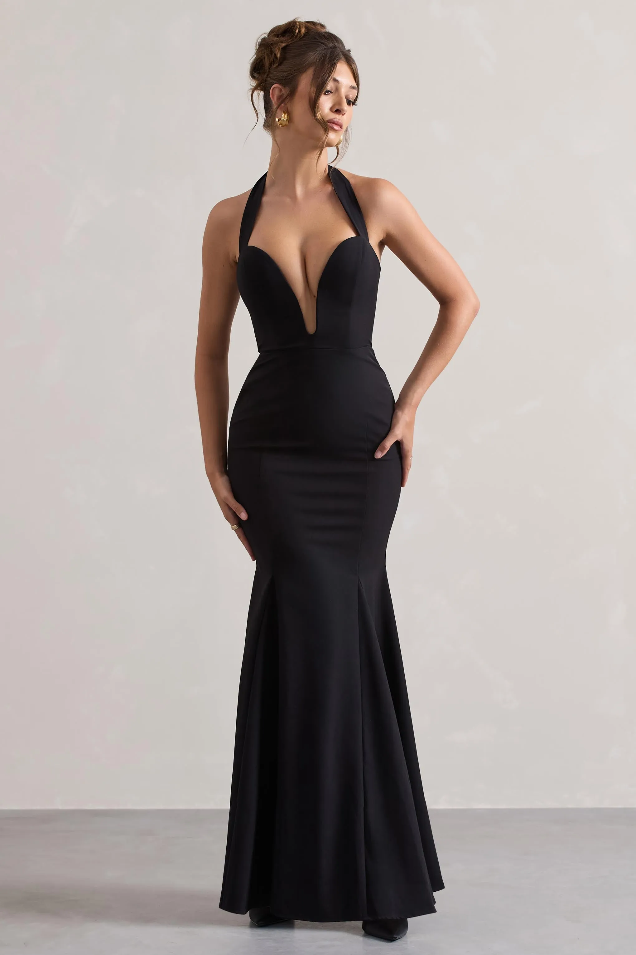 Plaza | Black Plunge Halter-Neck Fishtail Maxi Dress