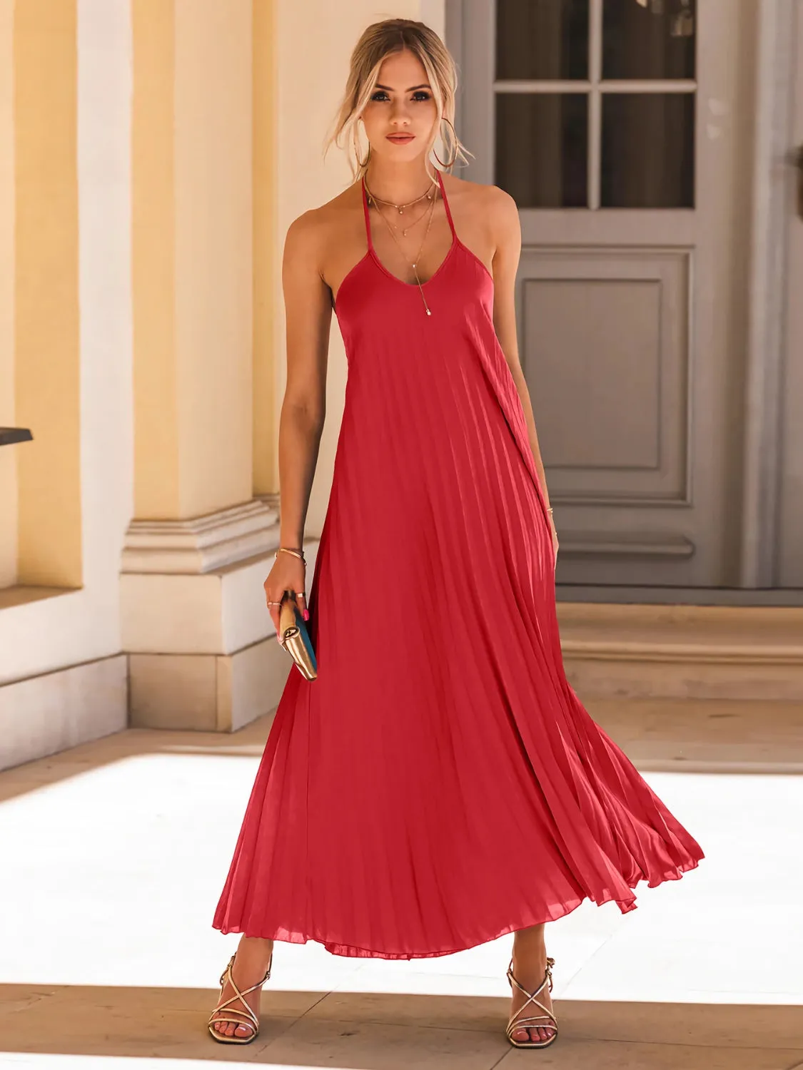 Pleated Halter Neck Sleeveless Maxi Dress New Women's Fashion Backless Cocktail Dress