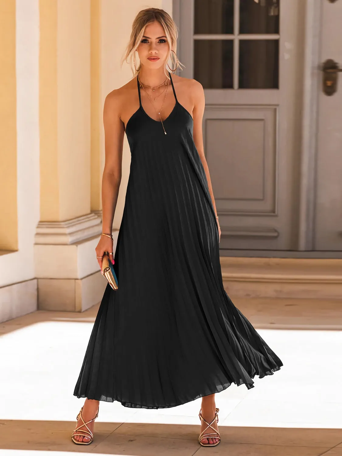 Pleated Halter Neck Sleeveless Maxi Dress New Women's Fashion Backless Cocktail Dress