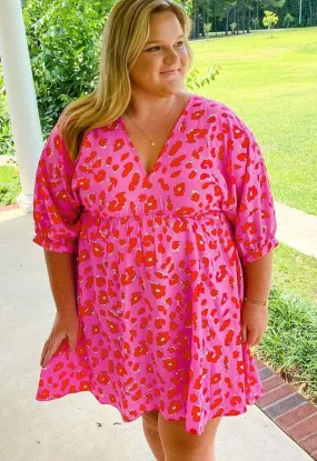 (Plus size) Rose 3/4 Sleeves V Neck Leopard Dress