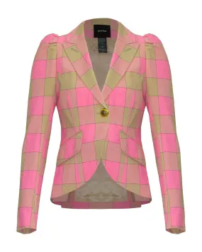 Pouf Sleeve One Button Blazer Pink Check