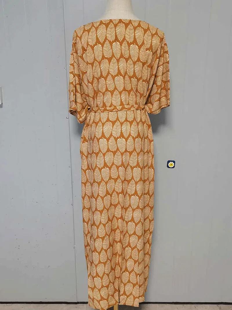 Printed Black & Yellow Color Polyester Long Length Gown Kimono Duster Robe