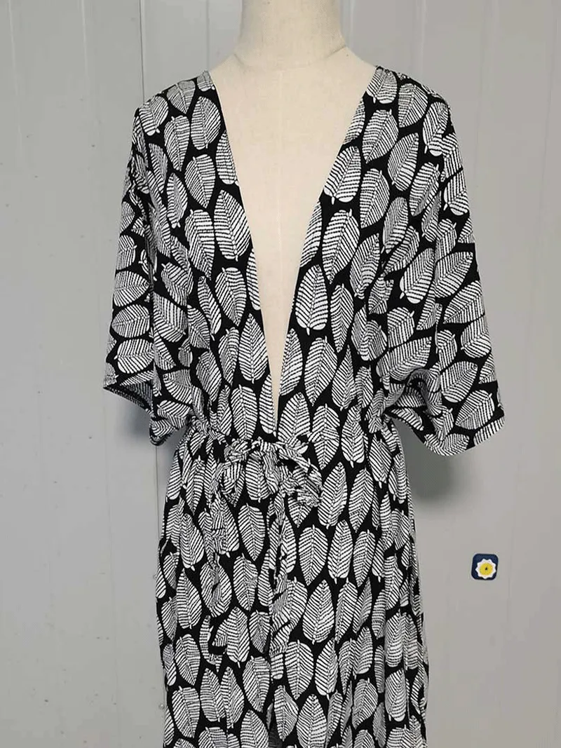 Printed Black & Yellow Color Polyester Long Length Gown Kimono Duster Robe