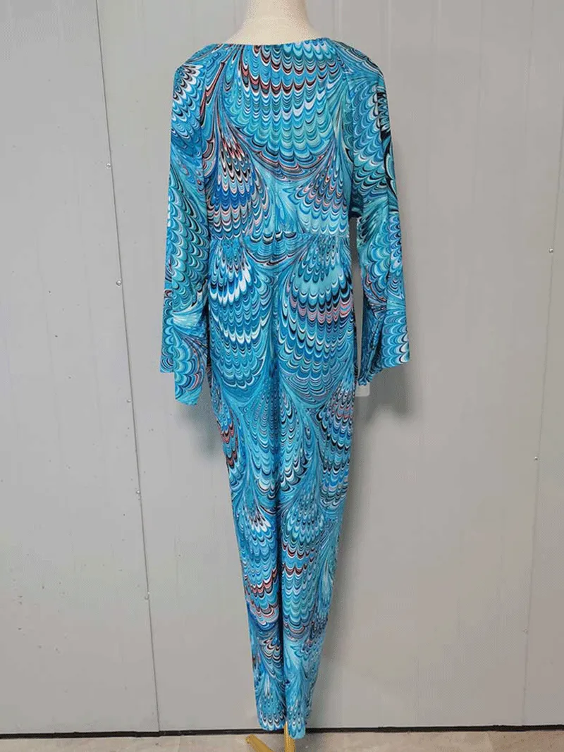 Printed Blue Color Polyester Long Length Gown Kimono Duster Robe