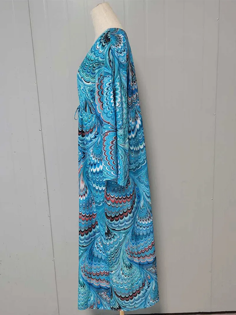 Printed Blue Color Polyester Long Length Gown Kimono Duster Robe