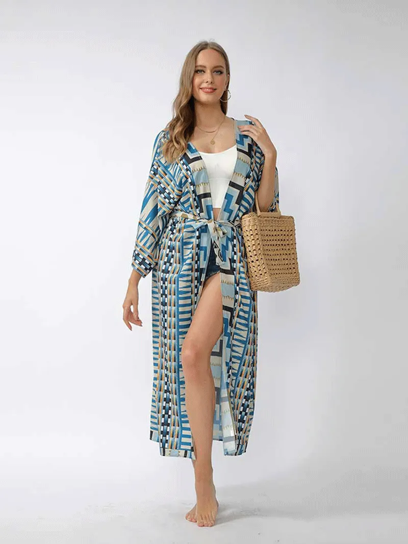 Printed Different Colors Polyester Long Length Gown Kimono Duster Robe